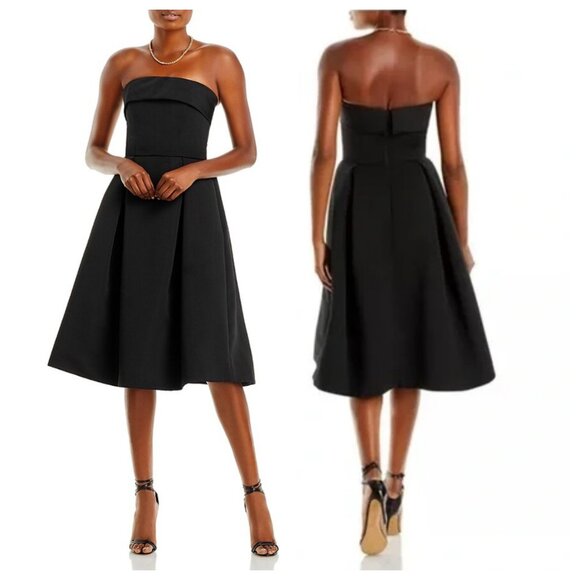 Amsale Faille Foldover Strapless Midi Dress LW140 Black